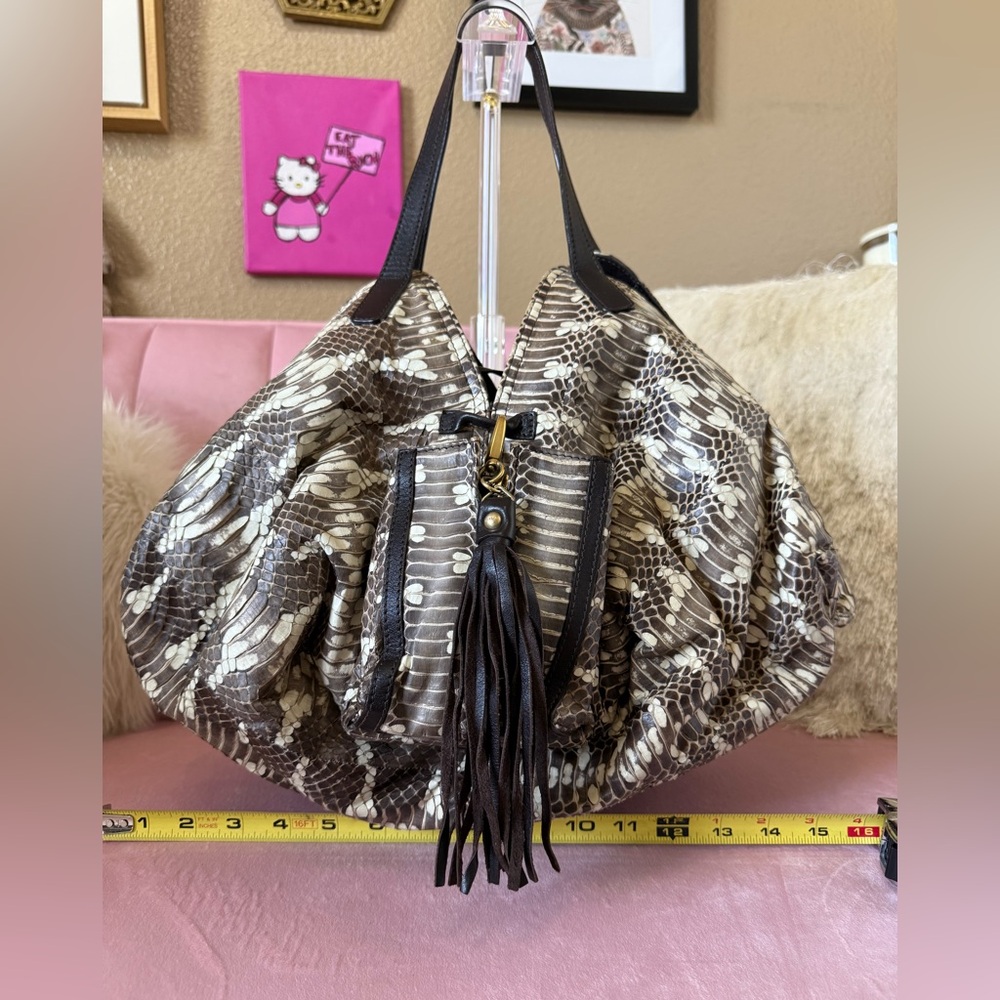 💯 Auth FURLA Snakeskin Leather Hobo Shoulder Bag w Brown Leather & Large Tassle - Picture 9 of 16